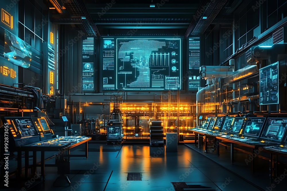 Futuristic Control Center Illustration - Monitoring, Data Analysis, Technology