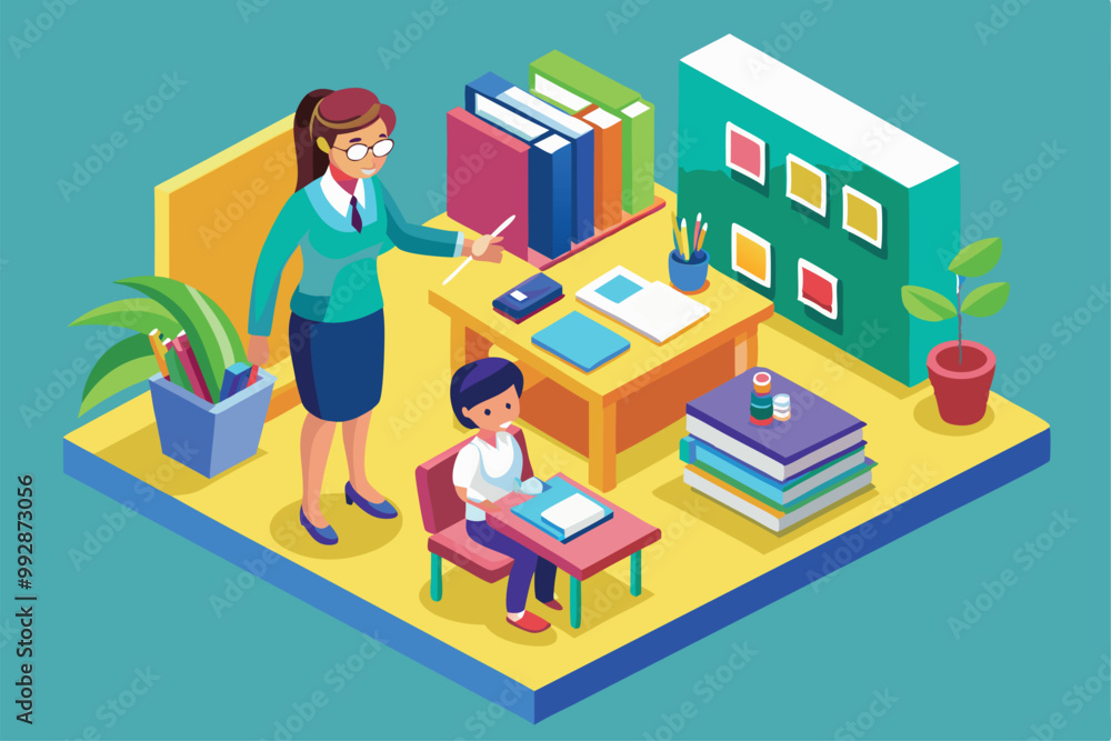 A teacher assists a student at a desk in a vibrant classroom filled with books and supplies, Customizable isometric illustration of a teacher and student. A teacher assists a student at a desk in a vibrant classroom filled with books and supplies, Customizable isometric illustration of a teacher and student.