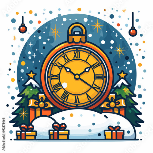 Vector illustration with a cartoon Christmas clock. Merry Christmas and Happy New Year greeting card.