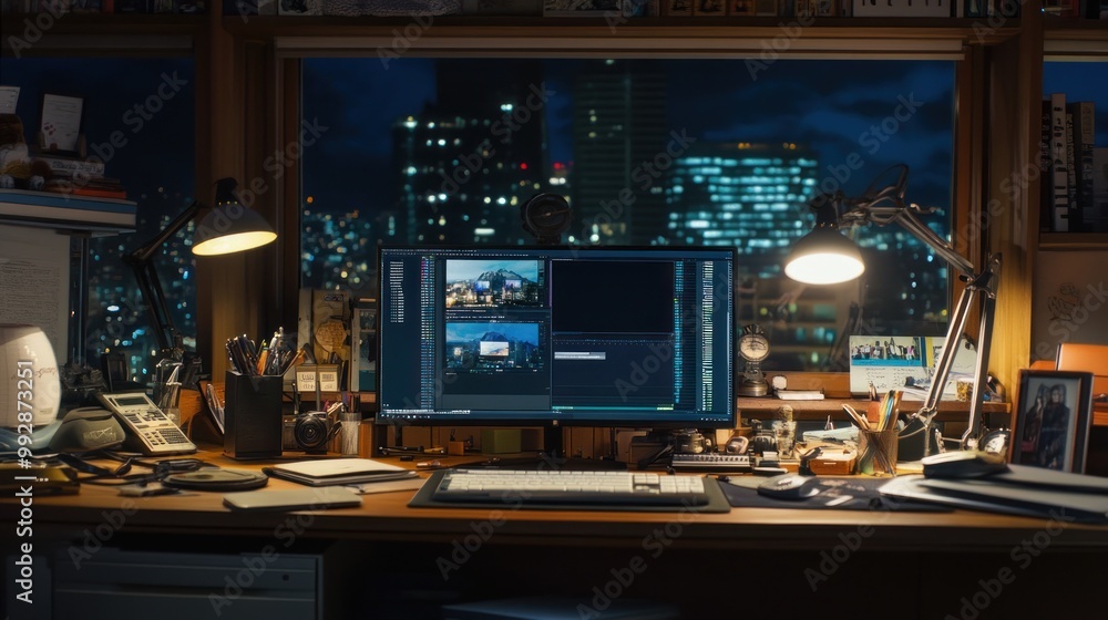 A cozy workspace at night featuring dual monitors, desk items, and city lights outside. A cozy workspace at night featuring dual monitors, desk items, and city lights outside.