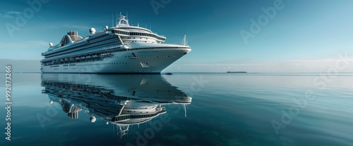 Majestic cruise ship in the Maldives, calm waters reflecting its grandeur and the clear sky above.