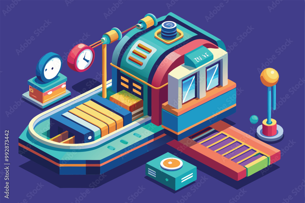 A vibrant isometric illustration showcases a time machine with clocks, buttons, and customizable features, Customizable isometric illustration of a time machine. A vibrant isometric illustration showcases a time machine with clocks, buttons, and customizable features, Customizable isometric illustration of a time machine.