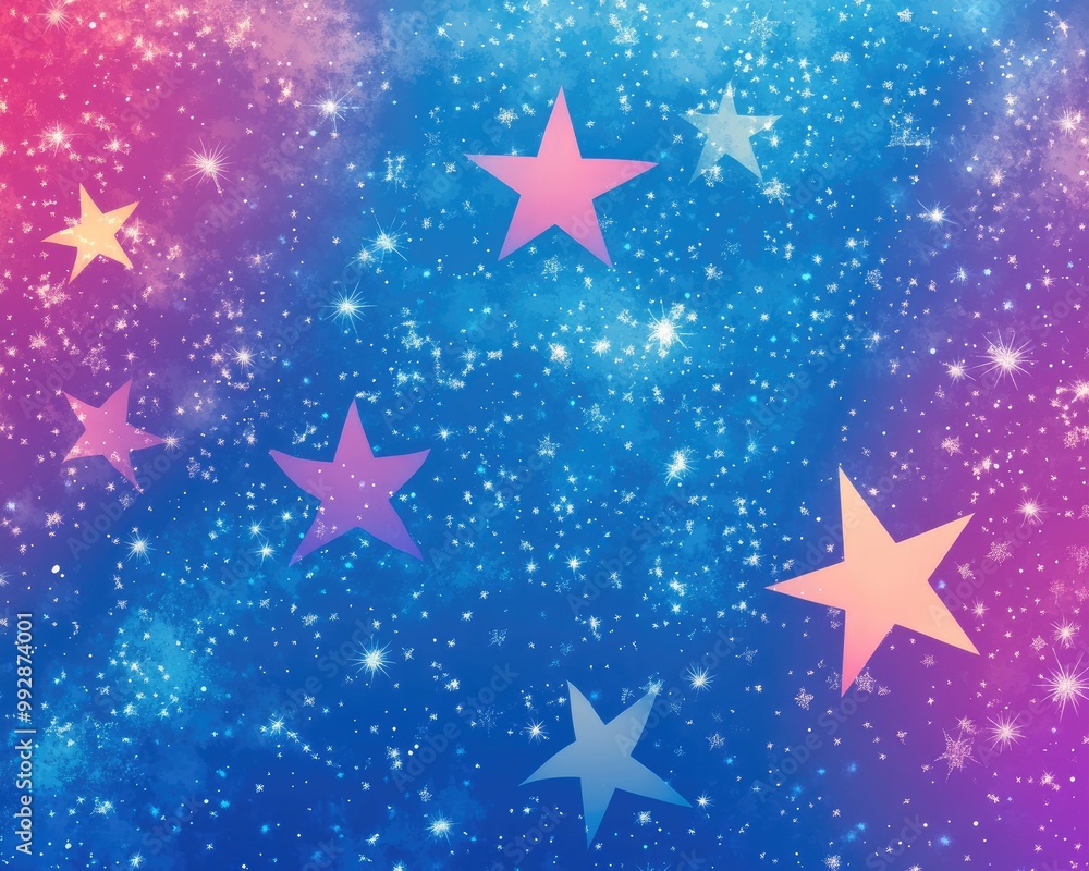 Obraz premium Vibrant and colorful starry design on a gradient background of blue and pink for a festive Christmas theme