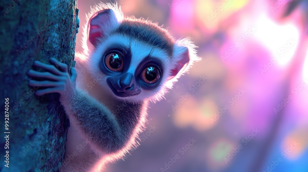 A cute, animated monkey peeks from behind a tree, surrounded by vibrant colors and light. A cute, animated monkey peeks from behind a tree, surrounded by vibrant colors and light.