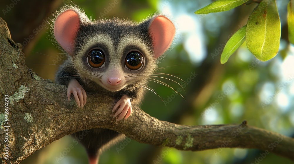 Naklejka premium A cute, animated creature with large eyes perched on a tree branch amidst foliage.