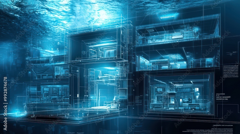 Obraz premium Detailed blueprint of an underwater hotel, showcasing room layouts, emergency exits, and pressure management systems