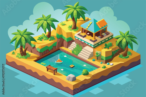 A vibrant tropical island features a relaxing pool, lush greenery, and a cozy house nestled among palm trees, Customizable isometric illustration of a tropical island.