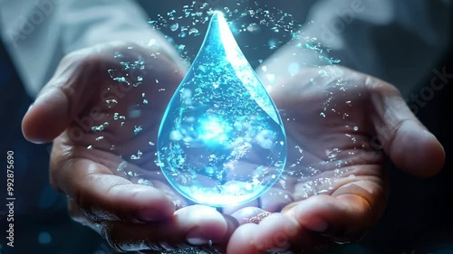 Hands Holding Glowing Water Droplet Surge Representing Purity and Energy.