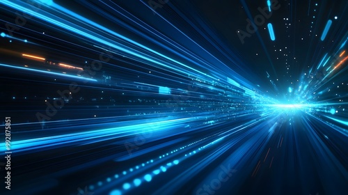 Vector Abstract, science, futuristic, energy technology concept. Digital image of light rays, stripes lines with blue light, speed and motion blur over dark blue background. 