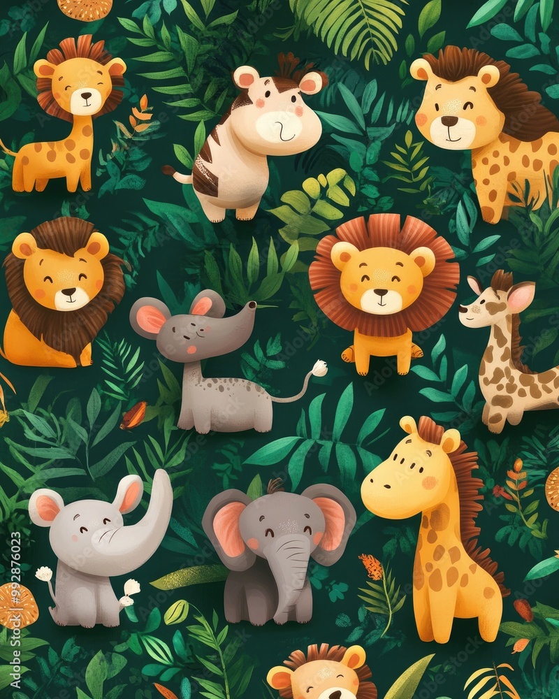 Fototapeta premium Adorable cartoon style jungle animals designed as wild creatures perfect for background illustrations or zoo themed projects
