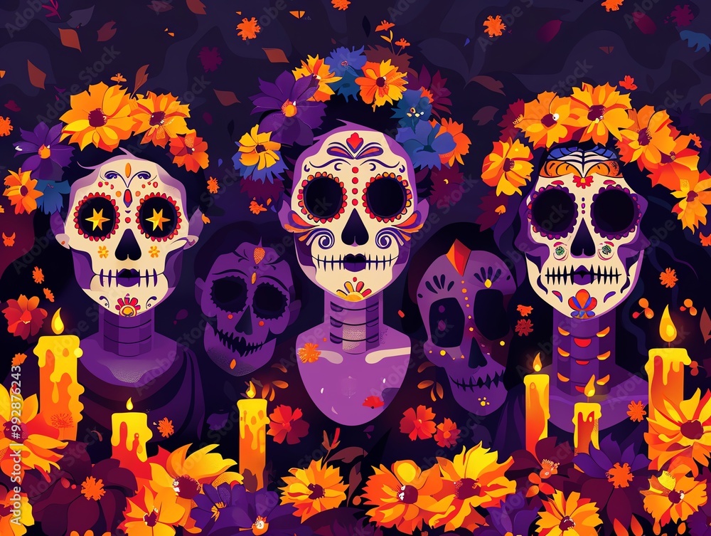 Sugar skulls and Calaveras, women and men with traditional Catrina makeup, surrounded by marigolds and candles, flat design illustration Sugar skulls and Calaveras, women and men with traditional Catrina makeup, surrounded by marigolds and candles, flat design illustration