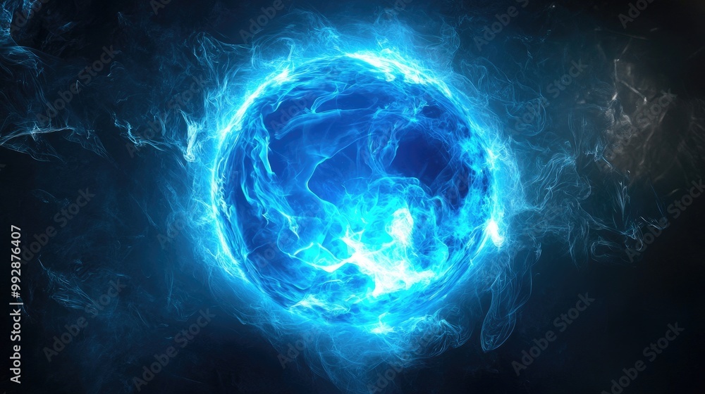 Limitless Energy Source Blue Fire Power Ball on Dark Background Limitless Energy Source Blue Fire Power Ball on Dark Background