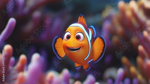 A vibrant animated clownfish swimming among colorful coral.