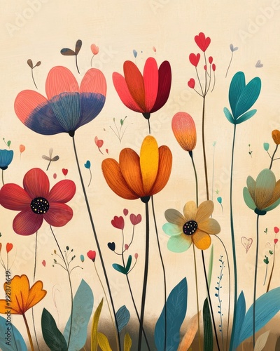 Wallpaper Mural Charming whimsical floral greeting card in a 2D cartoon style Torontodigital.ca