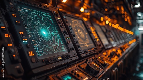 A maritime navigation radar screen glowing in a ship's bridge, highlighting advanced technology used in marine travel.