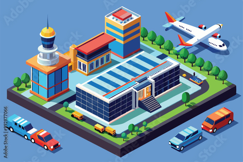 This illustration showcases a vibrant airport layout complete with a terminal, control tower, and aircraft, Customizable isometric illustration of an airport terminal.