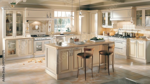 A modern, minimalist kitchen with sleek white countertops and stainless steel appliances