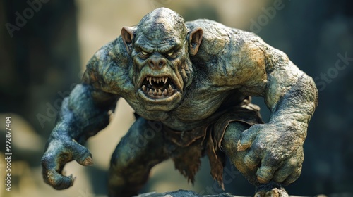 Fantasy troll in a dynamic fighting stance rendered in 3D photo