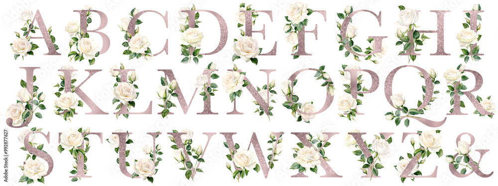 Pink golden alphabet with watercolor white roses, wedding monograms Pink golden alphabet with watercolor white roses, wedding monograms