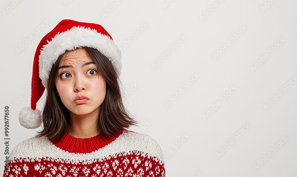Doubtful woman, Christmas celebration, copy space Doubtful woman, Christmas celebration, copy space