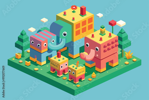 A colorful display of customizable elephants interacting with geometric blocks in a whimsical setting, Customizable isometric illustration of an elephant family.
