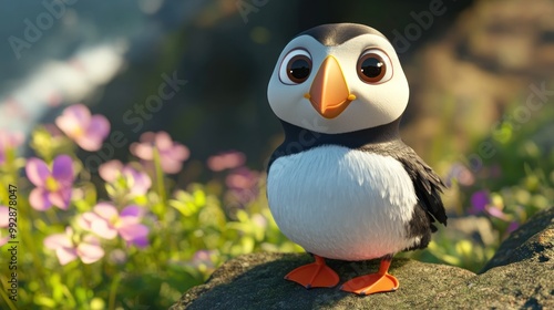 A cute cartoon puffin stands on a rock surrounded by colorful flowers in a vibrant landscape.