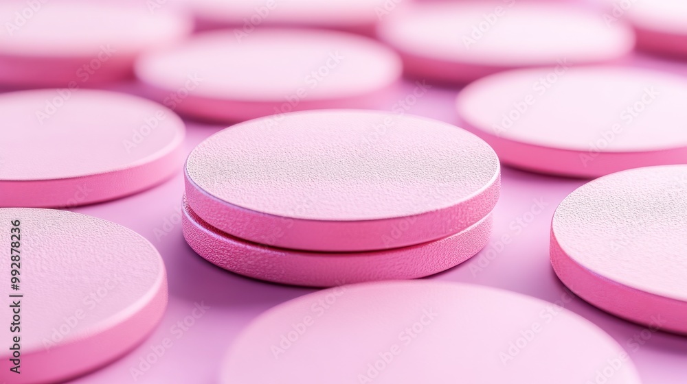 A collection of pink circular tablets arranged on a surface. A collection of pink circular tablets arranged on a surface.