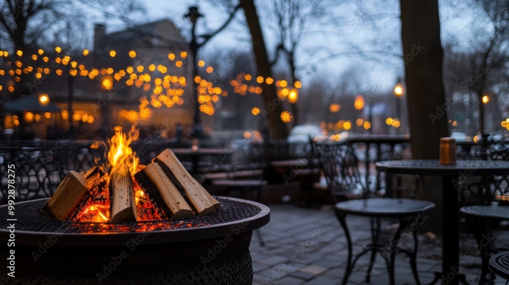 A cozy outdoor setting with a fire pit, tables, and twinkling lights in the evening. A cozy outdoor setting with a fire pit, tables, and twinkling lights in the evening.