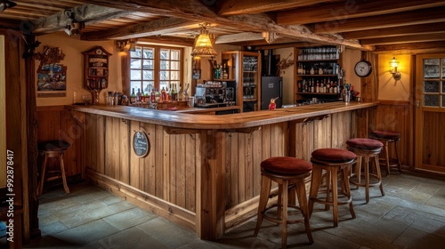 A cozy wooden bar interior with stools, shelves of drinks, and warm lighting.