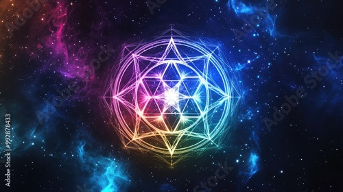 Colorful round sacred geometry symbol with glowing stars set against a backdrop of black white and blue Suitable for logo game cover or card designs