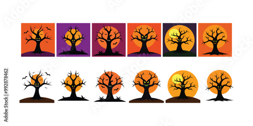 Halloween tree vector set background and without background