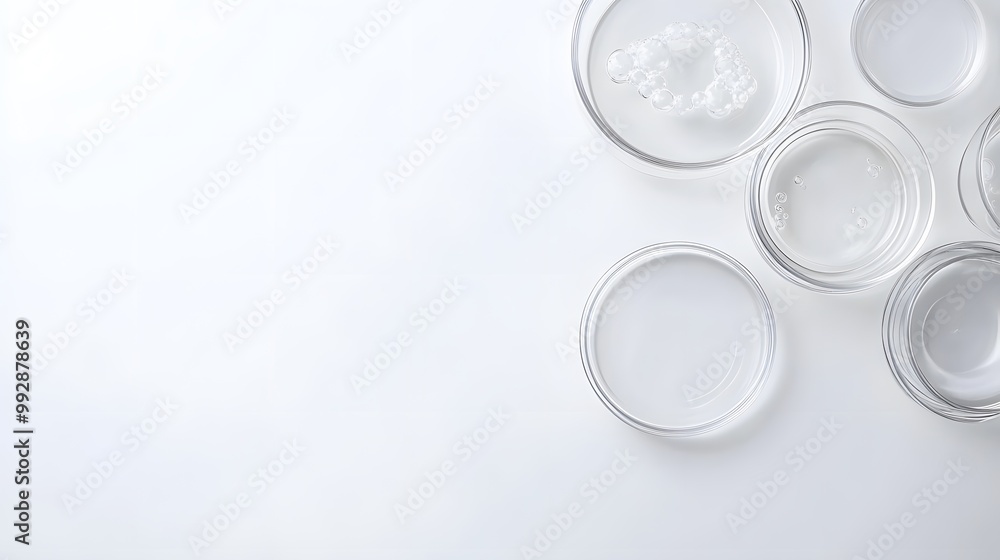 Clear Glass Petri Dishes with Bubbles and Liquid on a White Background Clear Glass Petri Dishes with Bubbles and Liquid on a White Background