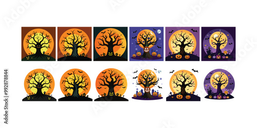Halloween tree vector set background and without background