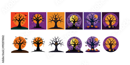 Halloween tree vector set background and without background