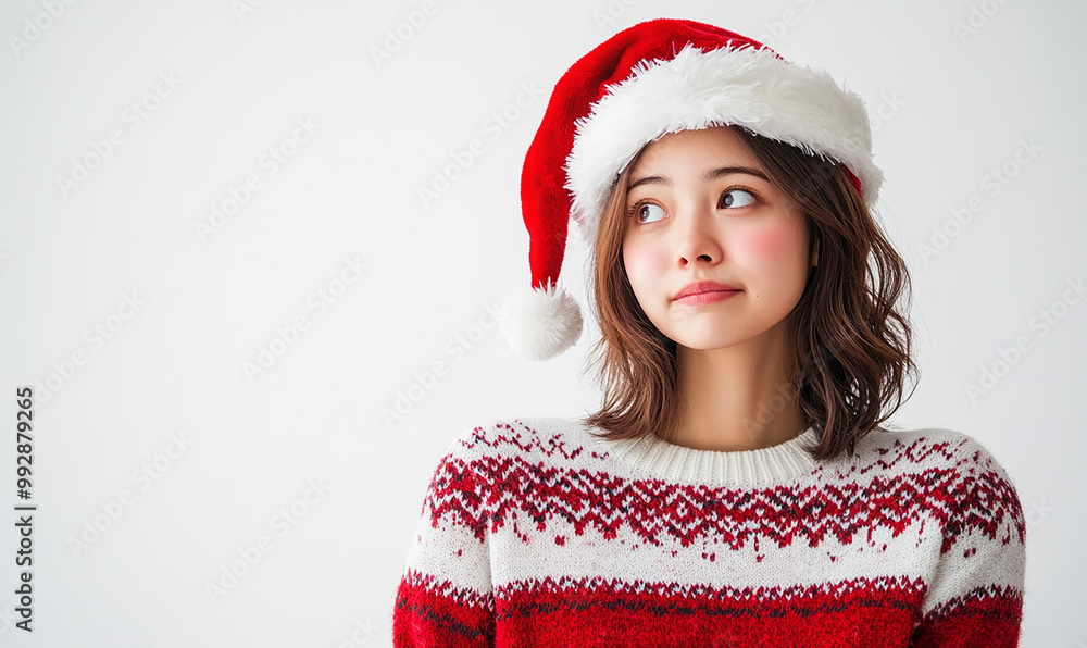 Woman in Christmas mood, skeptical glance Woman in Christmas mood, skeptical glance