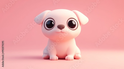 A cute, stylized cartoon puppy with big eyes against a pink background.