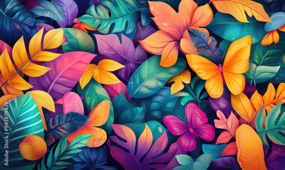 Vibrant 2D cartoon style abstract design featuring multicolored leaves flowers and butterflies in an imaginative composition Vibrant 2D cartoon style abstract design featuring multicolored leaves flowers and butterflies in an imaginative composition