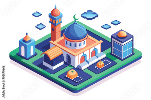 This artwork showcases a vibrant isometric market design with various customizable elements for online shopping, Customizable isometric illustration of an olive tree