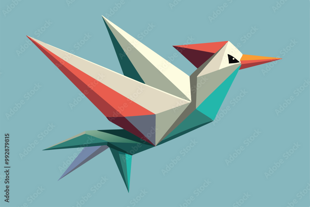 Naklejka premium An origami bird with striking geometric shapes and colors flies gracefully against a soft blue background, Customizable isometric illustration of an origami bird.