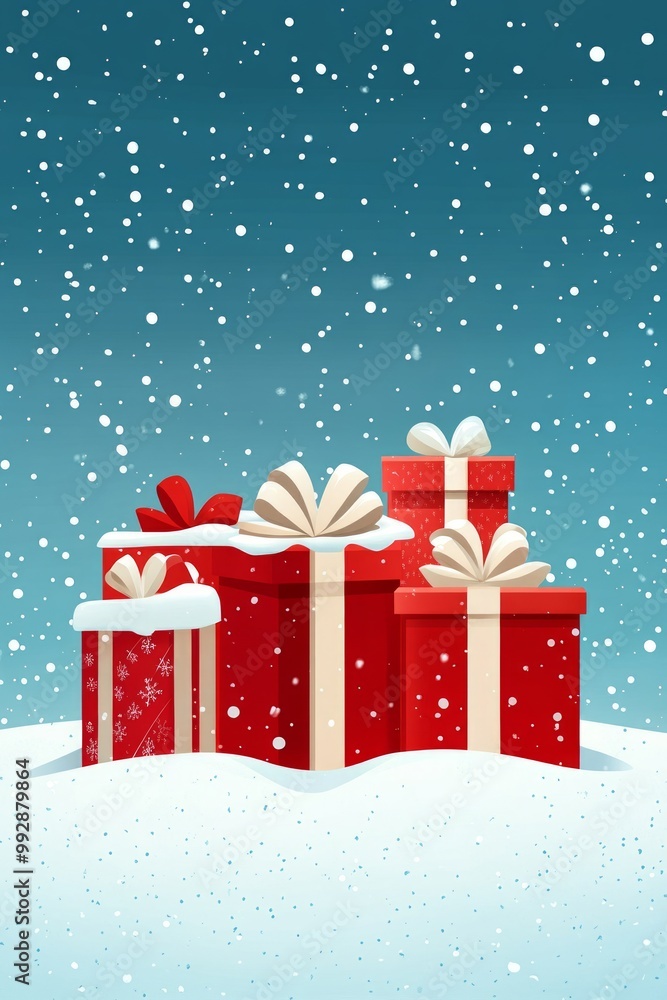 Presents of various sizes wrapped in vibrant red and adorned with white ribbons are nestled in a blanket of snow, creating a festive atmosphere in winter Presents of various sizes wrapped in vibrant red and adorned with white ribbons are nestled in a blanket of snow, creating a festive atmosphere in winter