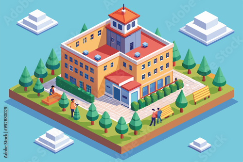 The illustration features an orphanage surrounded by trees and playgrounds, depicting children engaged in activities, Customizable isometric illustration of an orphanage.