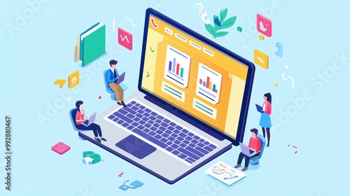 Students e-learning by webinar training and listening to businessman with charts on laptop. Webinar, online video training, tutorial podcast concept. Isometric 3D website app landing web page template