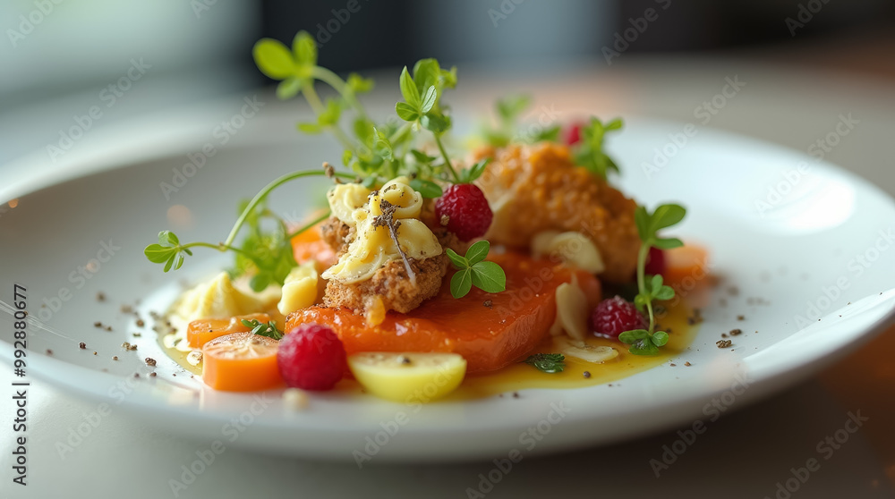 A vibrant dish features a variety of fresh fruits, including raspberries and citrus, adorned with herbs and a dollop of dessert, creating an appetizing display A vibrant dish features a variety of fresh fruits, including raspberries and citrus, adorned with herbs and a dollop of dessert, creating an appetizing display