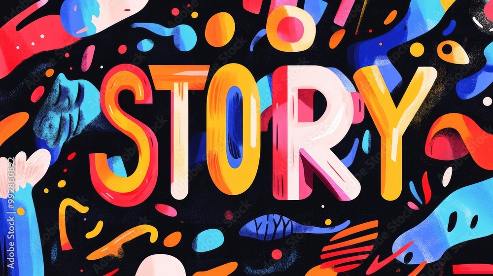 Fototapeta premium Colorful retro shapes and vibrant hues create an illustrated concept of the word STORY
