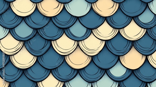 Rows of overlapping segments in blue and beige shades with black outlines create a fantastic scaly 2D cartoon background photo