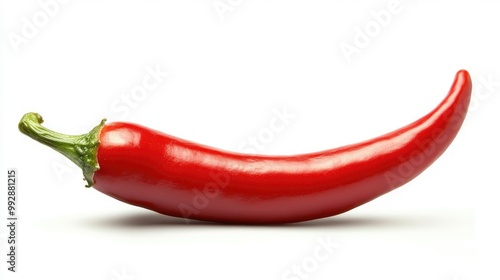 A single red chili pepper with a green stem, isolated on a white background.