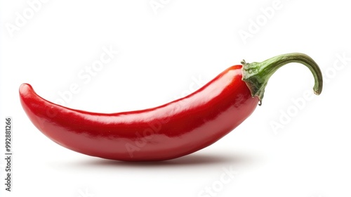 A single, ripe, red chili pepper isolated on a white background.