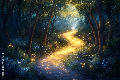 Glowing Forest Path Painting: Magical Journey Through Trees 