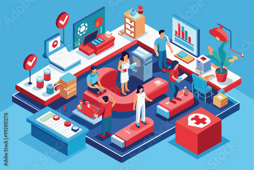 The illustration showcases a lively blood donation center with donors, medical staff, and supplies, Customizable isometric illustration of blood donation.