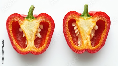 Two halves of a red bell pepper, cut in half, showing the inside and seeds, against a white background.